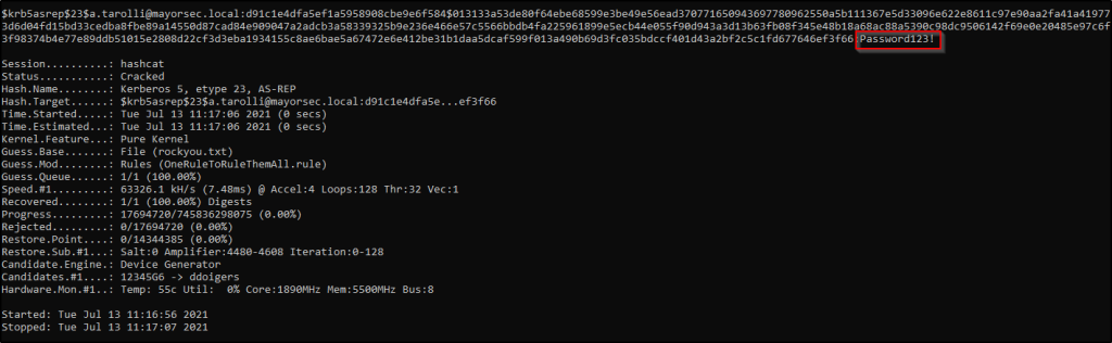 Hash cracked using Hashcat