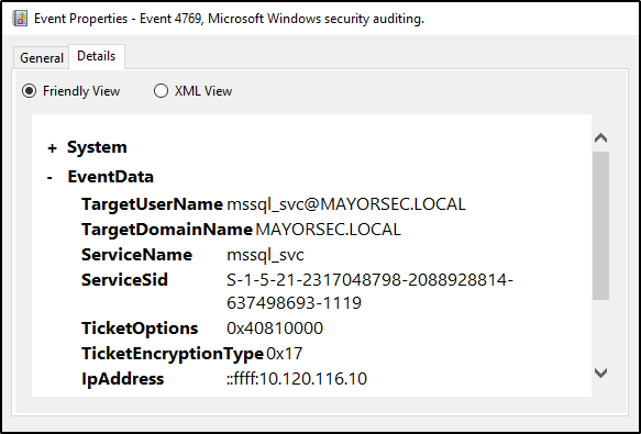 Event Viewer Log 4769 Entry for SPN Ticket Request