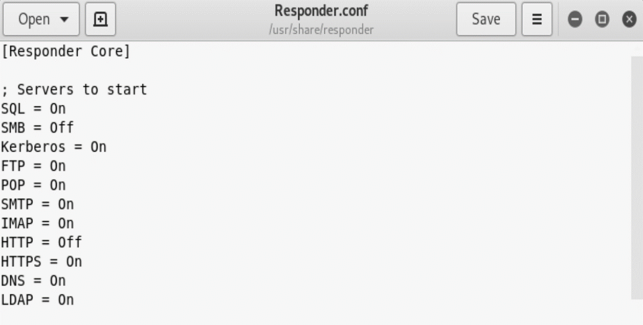 Responder configuration showing SMB and HTTP disabled