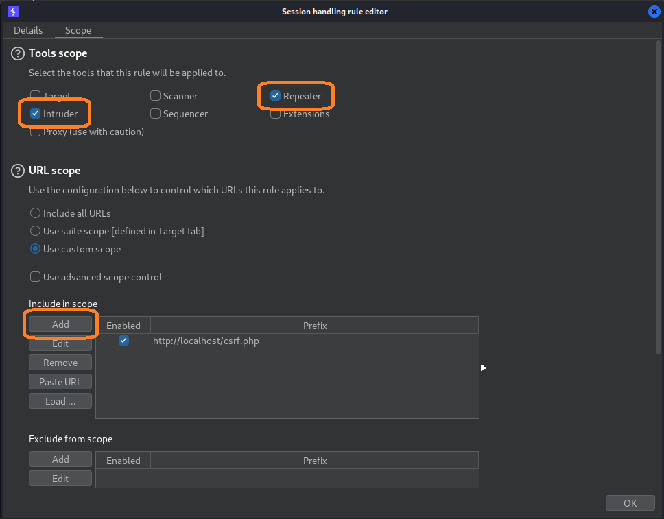 Session handling settings for BURP Suite Macro