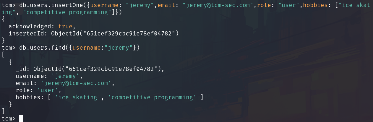 Create and query a user in MongoDB