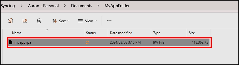 An ipa file is highlighted on the screen.