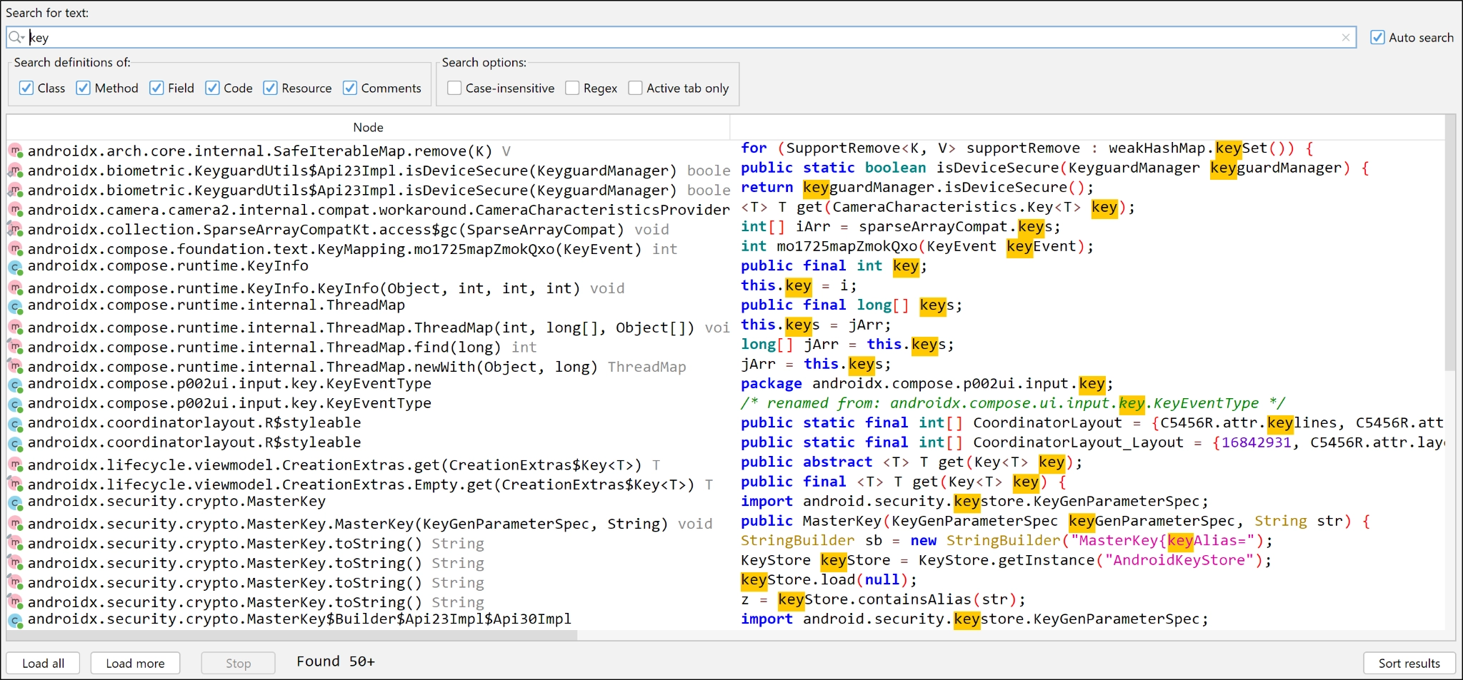 A dialog box is shown with the keyword “key” inserted in the search field. Multiple interesting pieces of course code are returned.