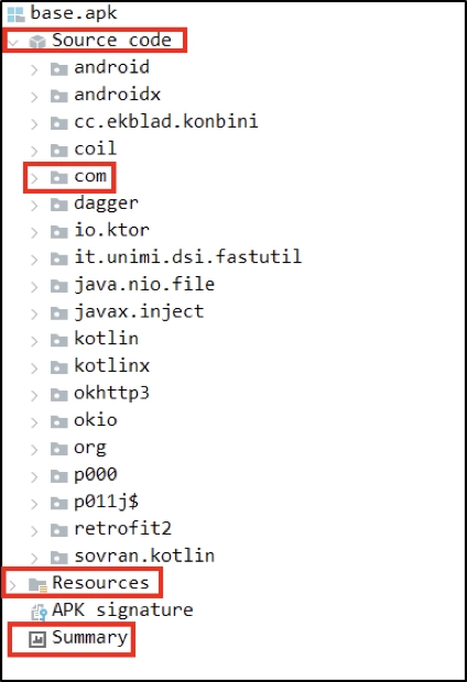 A picture of a screen shows the resources of an application in a tree view structure with the Source Code and Resources of the application highlighed