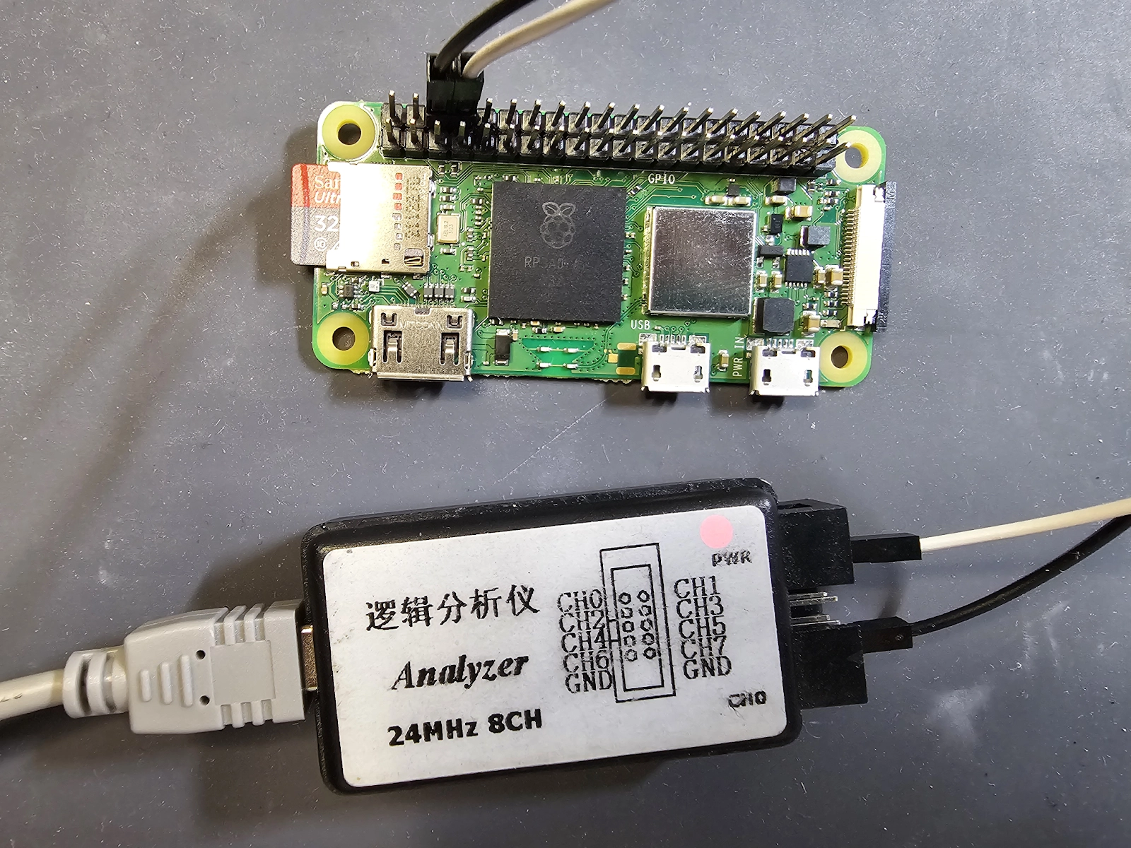 logic analyzer connected to a raspberry pi