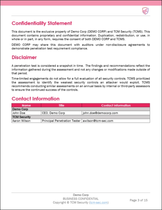 example confidentiality statement in the TCM Security penetration testing report