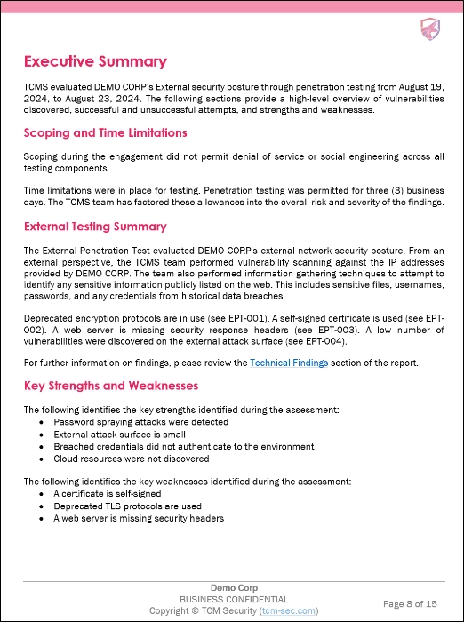 example of an executive summary in a TCM Security penetration test report