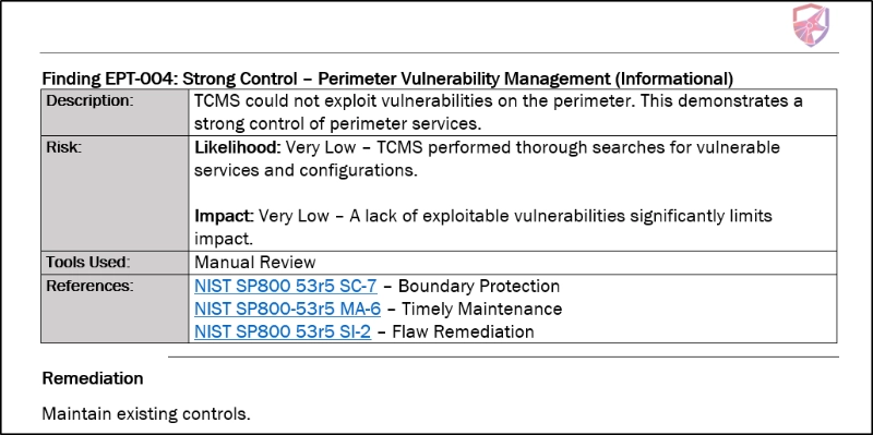 example of informational findings in a TCM Security pentest report
