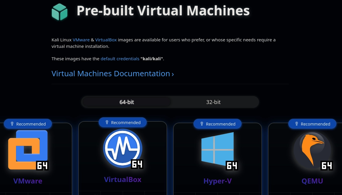 screenshot of kali linux website with download options