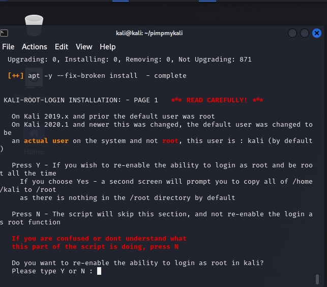pimpmykali root warning