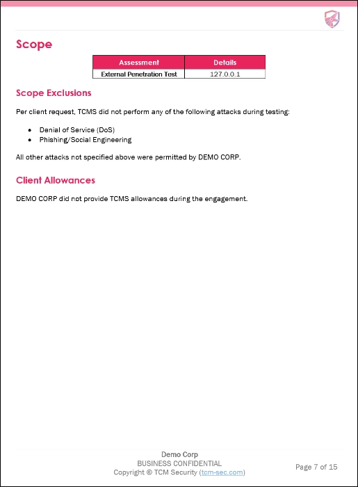 example ROE and scope from a TCM Security penetration testing report