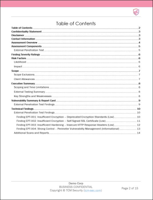 example table of contents from a penetration test report