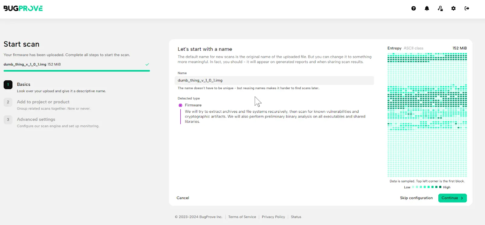 start scan screen in bugprove
