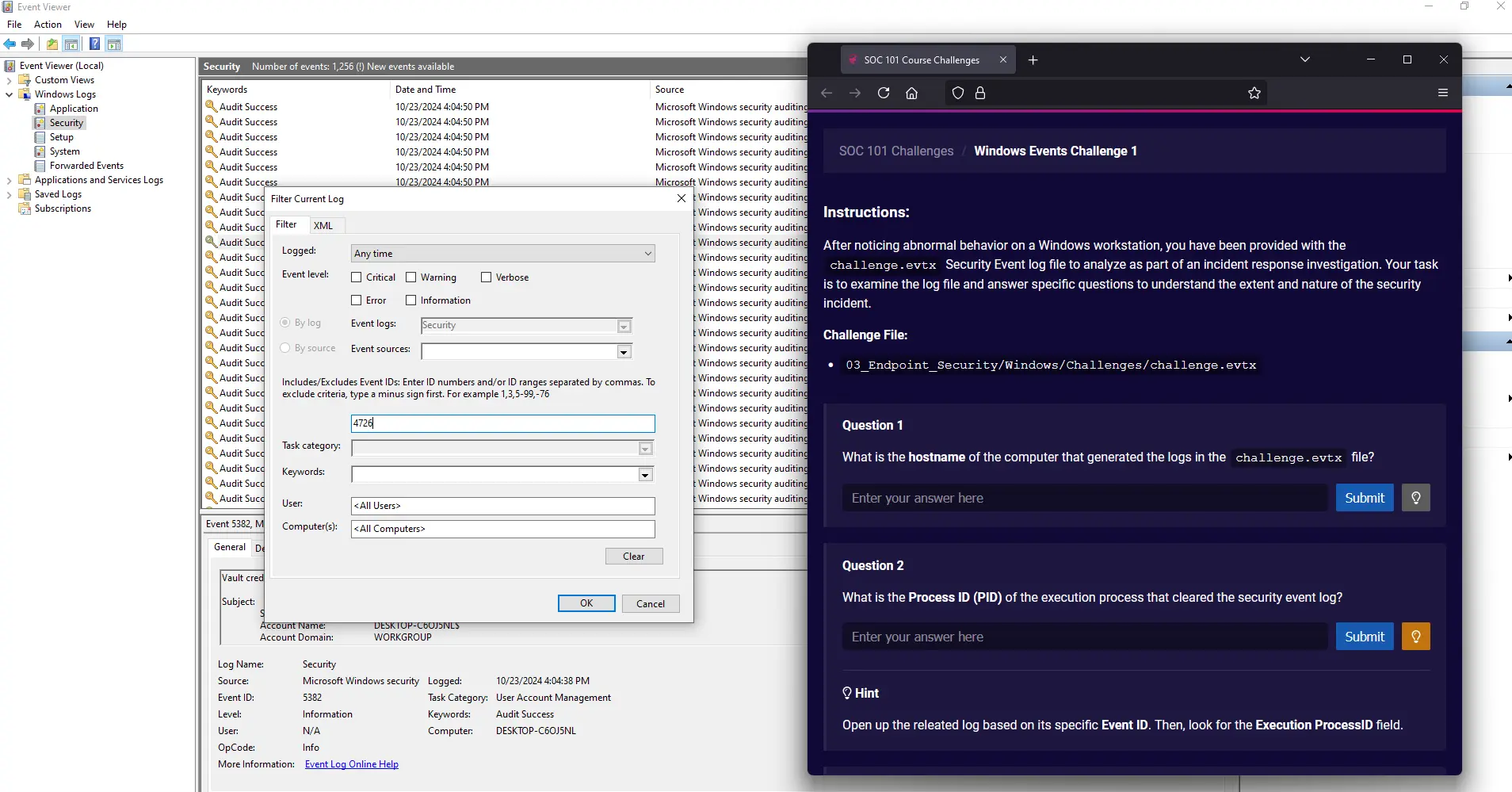 An example event log analysis challenge from the SOC 101 course.
