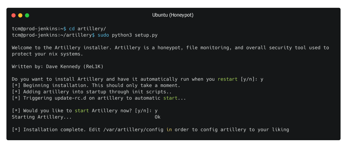Artillery honeypot installation