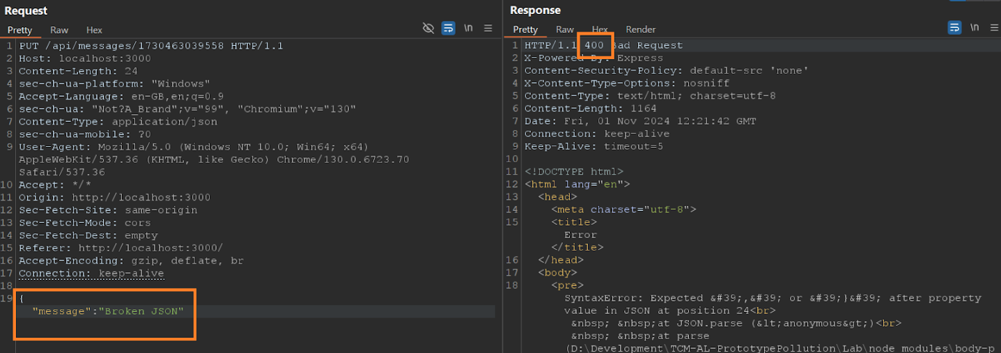 prototype pollution broken json test