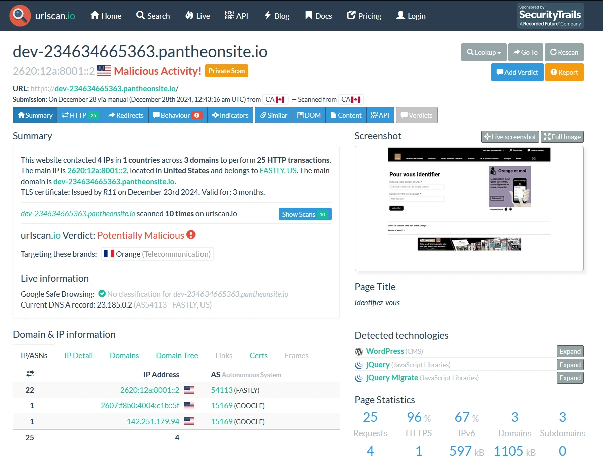 URLScan identifying a potential malicious URL