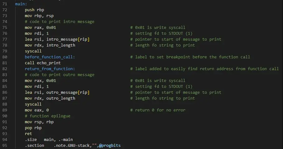Assembly code example with buffer overflow vuln