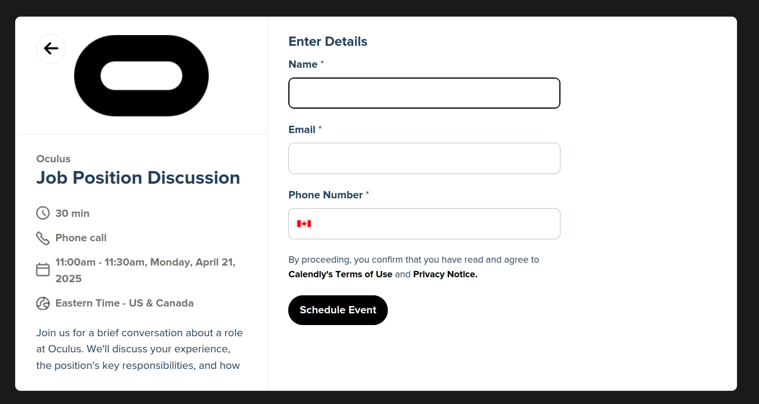 Calendly invitation from a phishing campaign